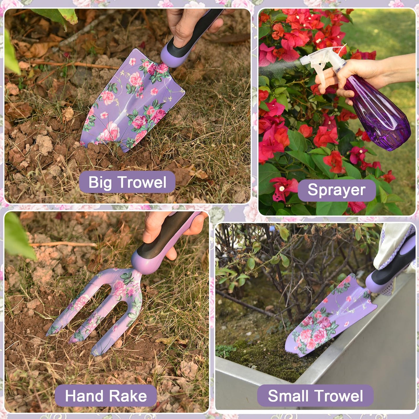 Gardening Tools, WisaKey 10 Piece Heavy Duty Purple Garden Tool Set Durable Garden Supplies Organizer Bag Garden Hand Tools Grandmother Granny for Woman Mothers