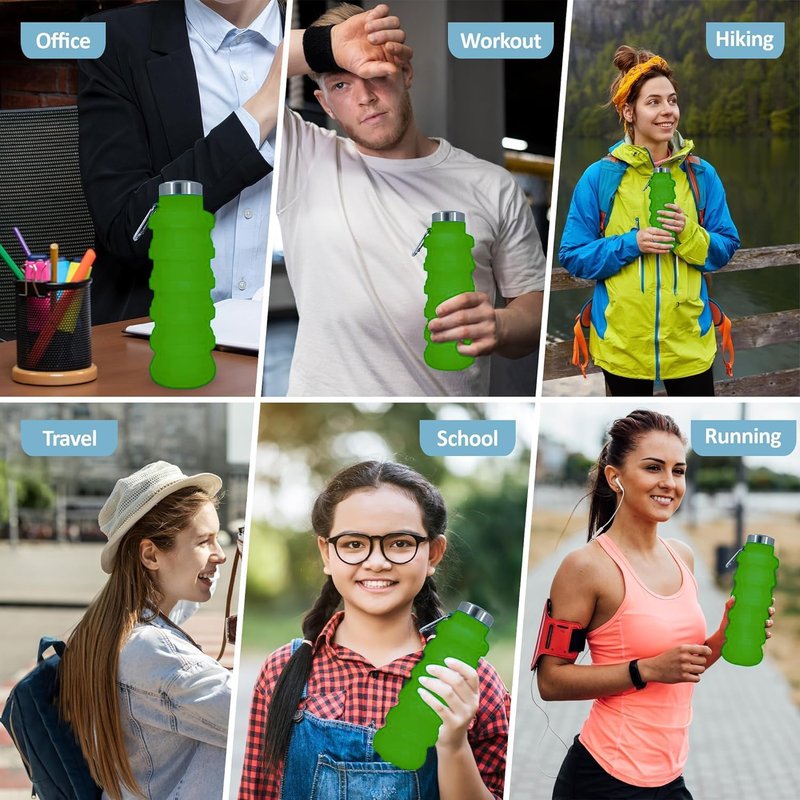 vadoworld Collapsible Water Bottles 17oz, Odorless BPA-Free Silicone, Leak-Proof Foldable Reusable Bottle - Perfect for Travel Sports Gym Hiking Camping Cycling - Green