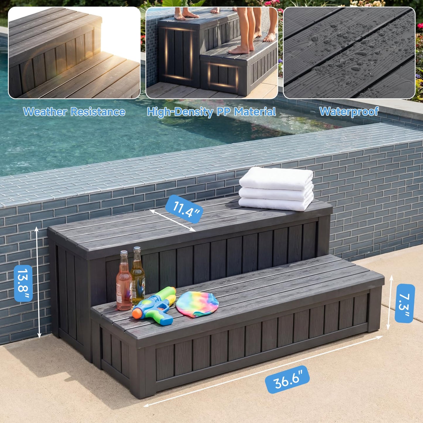 36.6” Hot Tub Steps with Storage, 780 lbs Load Capacity Heavy Duty Outdoor Spa Steps with No-Screw Snap Assembly, Non-Slip Universal Hot Tub Stairs for Spa, Pool, Patio, RV, Porch & Indoor Use, Black