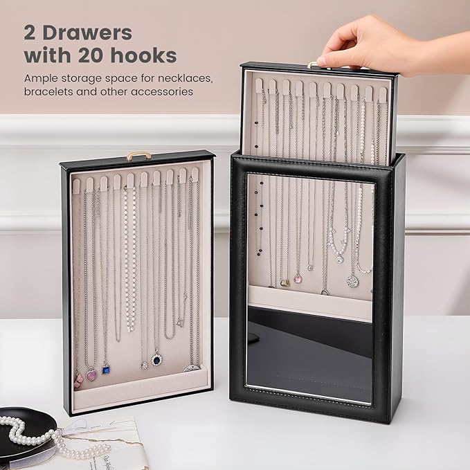 Lolalet Necklace Organizer Box, Jewelry Storage Box with Clear Window for Necklaces Bracelets, Tangle-Free Necklace Display Case for Women Girls -Black, 2 Layers 20 Hooks