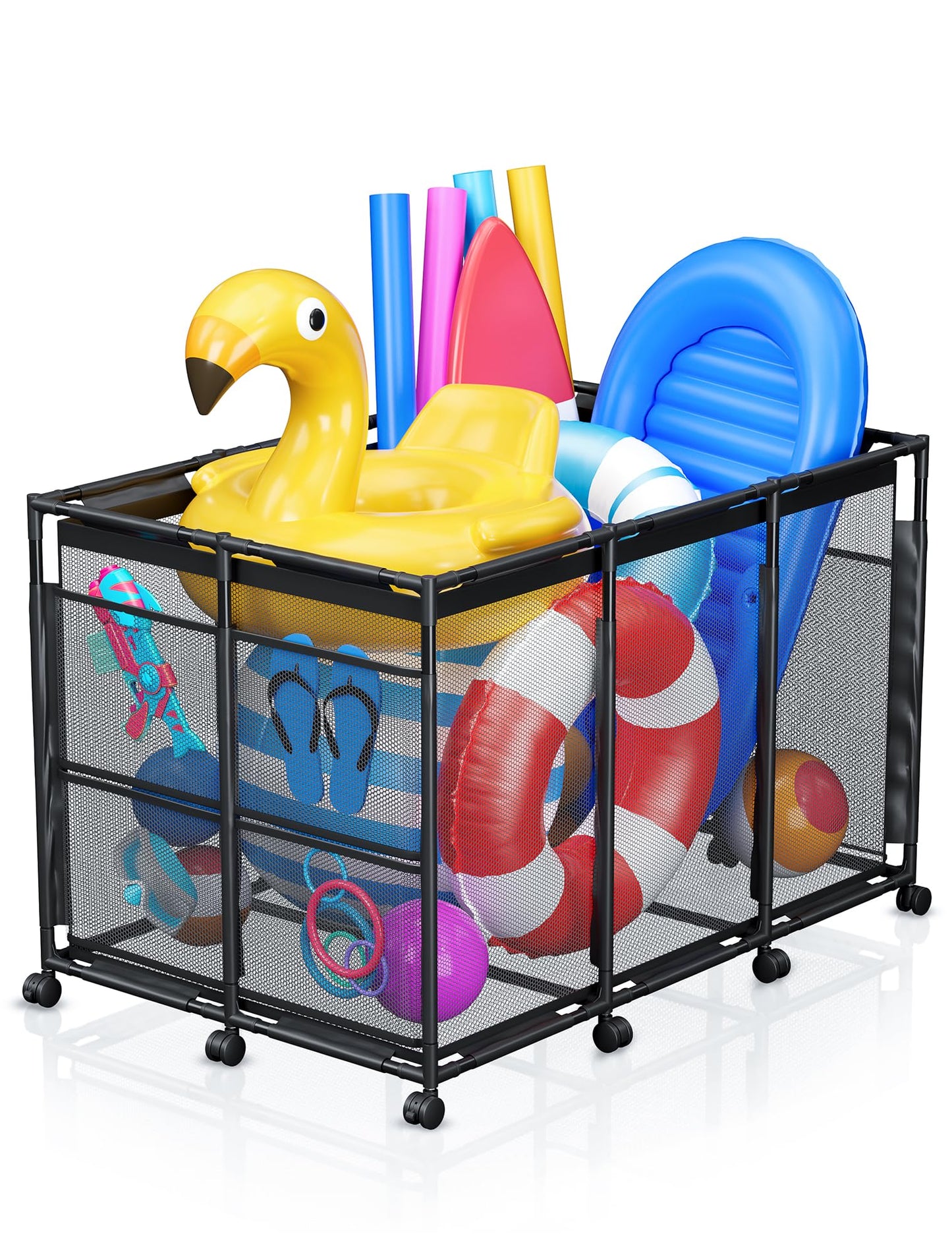 Kompoll Pool Float Storage - Rolling Mesh Pool Storage Bin for Noodles, Goggles, Floats & Balls, XXL Large Outdoor Pool Toy Organizer with Wheels for Swimming Accessories, Black