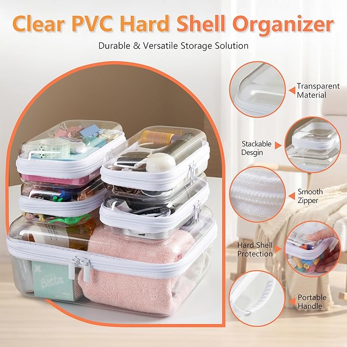 5PCS Travel Essentials for Toiletries with Handles, 1.2MM Thick Clear Hard Shell Zipper Case, Durable Makeup Bag for Cosmetics, Puzzles and Snacks, Clear Travel Bag for Diaper Bag Organizer