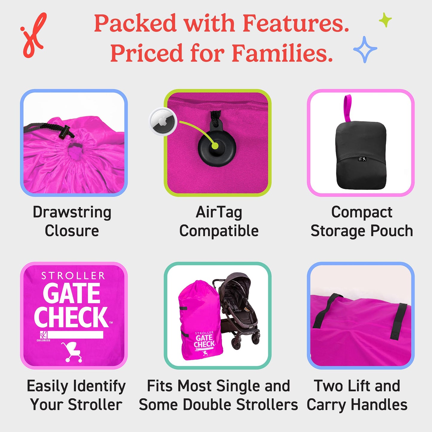 J.L. Childress Gate Check Bag for Single & Some Double Strollers - Travel Bag for Airplane, Fits Most Standard Baby Strollers, Airport Accessories Gate Check, Flying Essentials - Neon Pink