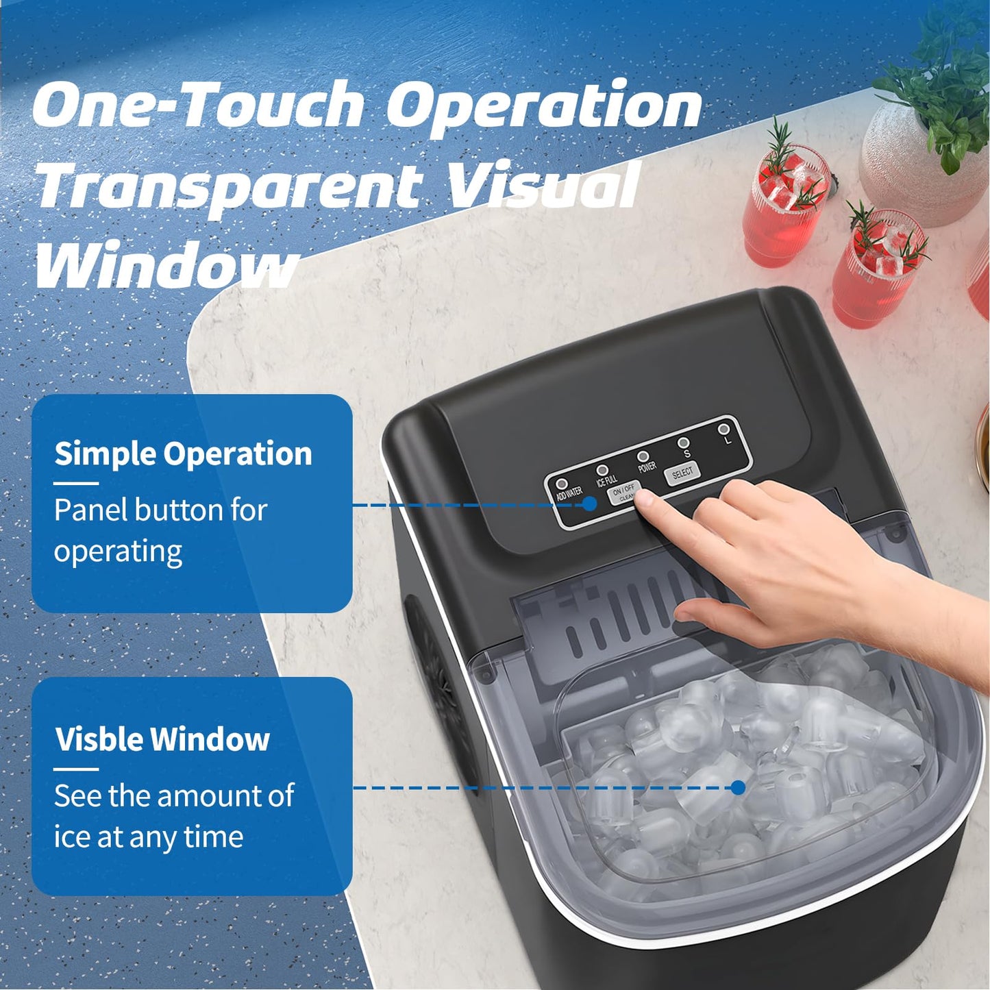 Erivess Ice Makers Countertop, Portable Ice Machine Maker Self-Cleaning, 26Lbs/24H, 9 Bullet Cubes Ready in 6 Mins, Scoop and Basket, for Home/Office/Kitchen