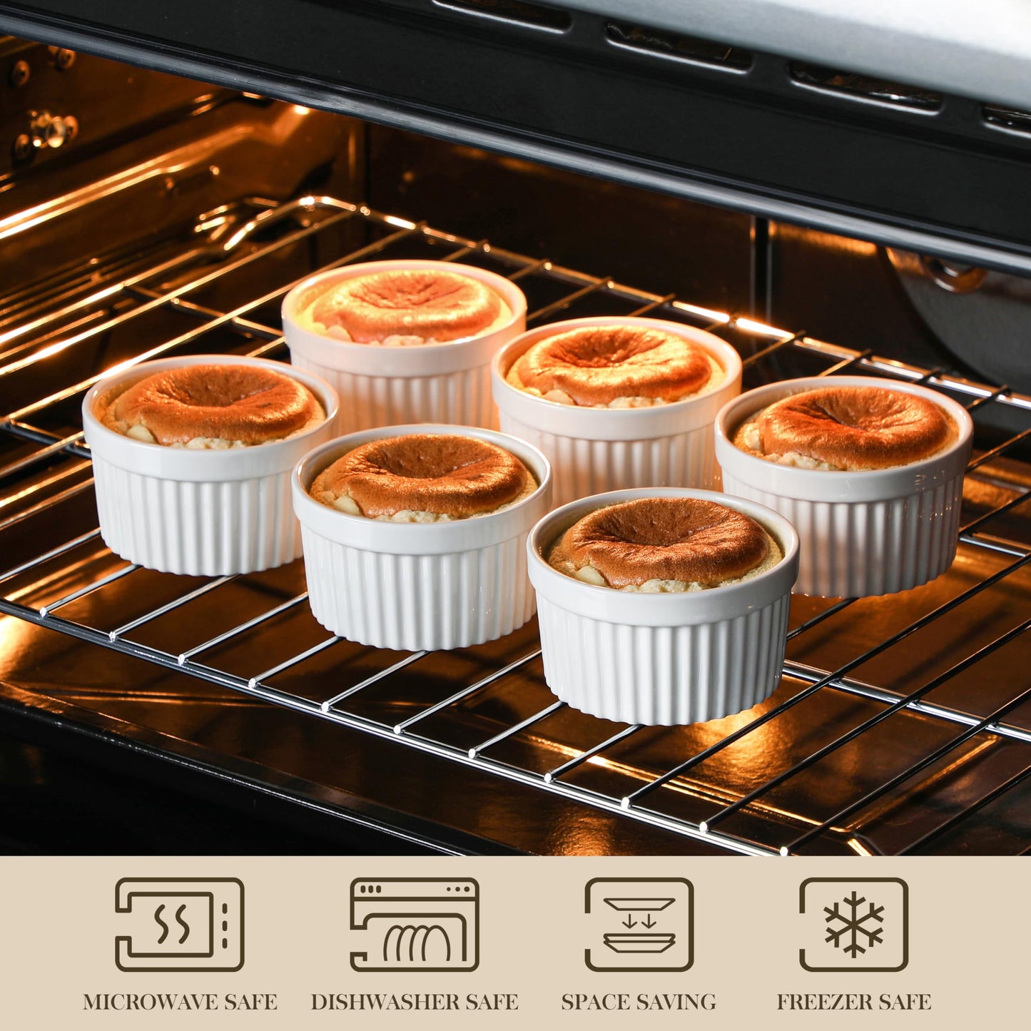 MALACASA Ramekins 8 oz Oven Safe, Porcelain Creme Brulee Ramekins Pudding Custard Cups Ceramic Souffle Dishes Ramakan Ramiken Ramicans Baking Bowls Set of 6, White, Series RAMEKIN-DISH