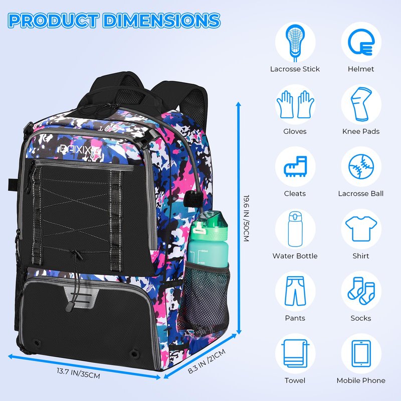 BAIXIXIG Lacrosse Bag for Kids and Youth, Lacrosse Backpack with Helmet Holder and Shoes Compartment, Waterproof Field Hockey Gears Bag for Boys & Girls, Pink