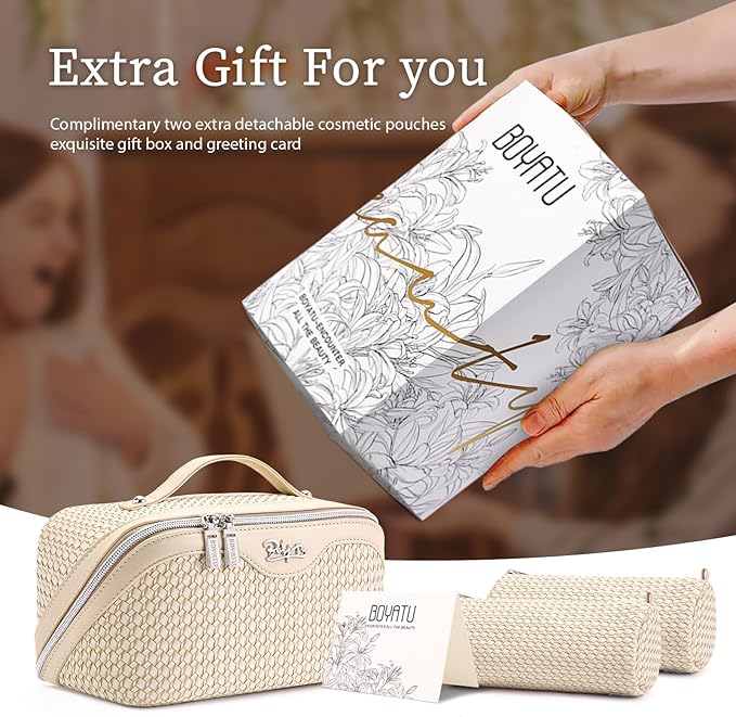 BOYATU Travel Makeup Bags for Women: Large Capacity Make up Bag with Wide Opening - 3 Pcs Set Waterproof Travel Toiletry Organizer for Full-Sized Bottles, Cosmetics & Brushes (Apricot-W)
