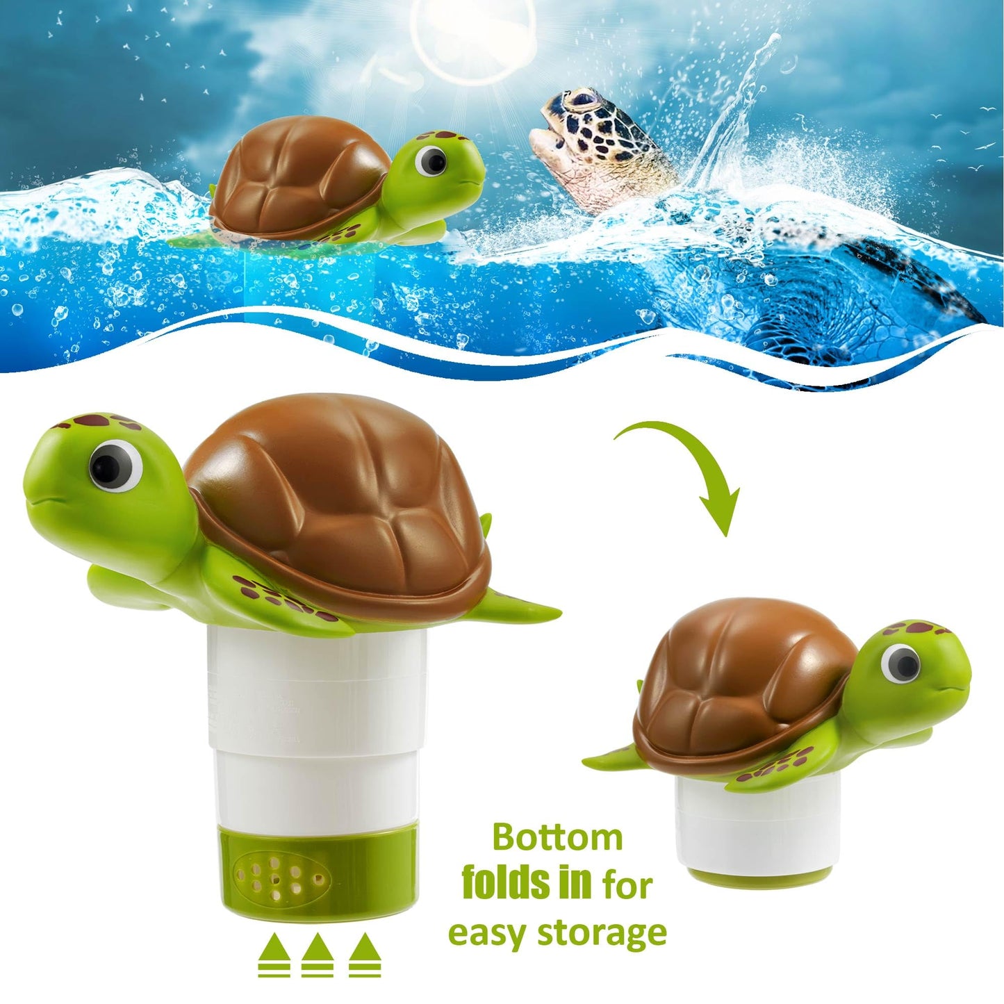 Chlorine Floater, Floating Pool Chlorine Dispenser, Fits 1 and 3 Inch Tablets & Bromine Holder for Large/Small Pools, Hot Tub, Spa - Sea Turtle