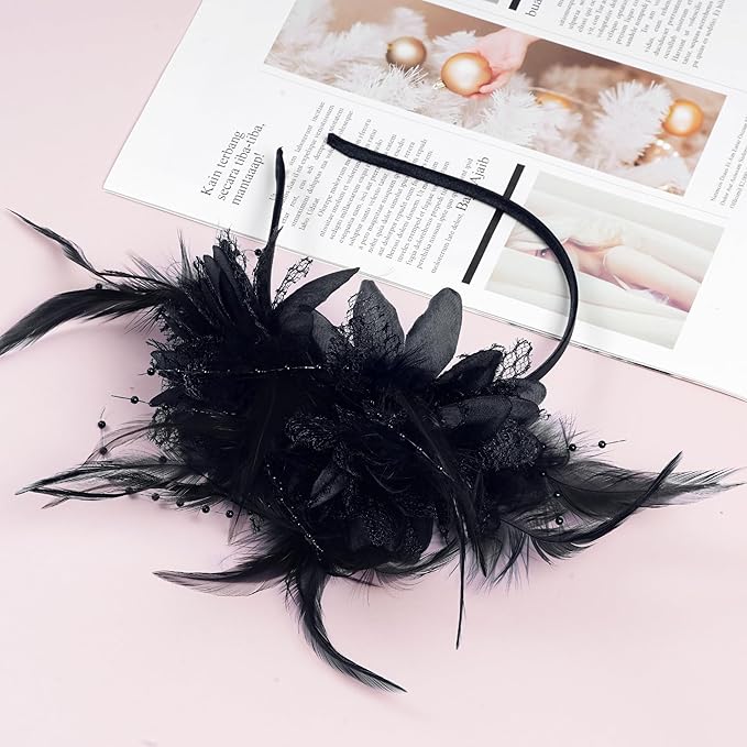 Womens Fascinators Hats Tea Party Hats for Women, Feather Pearl Veil Headband for Wedding Cocktail Dresses Accessories