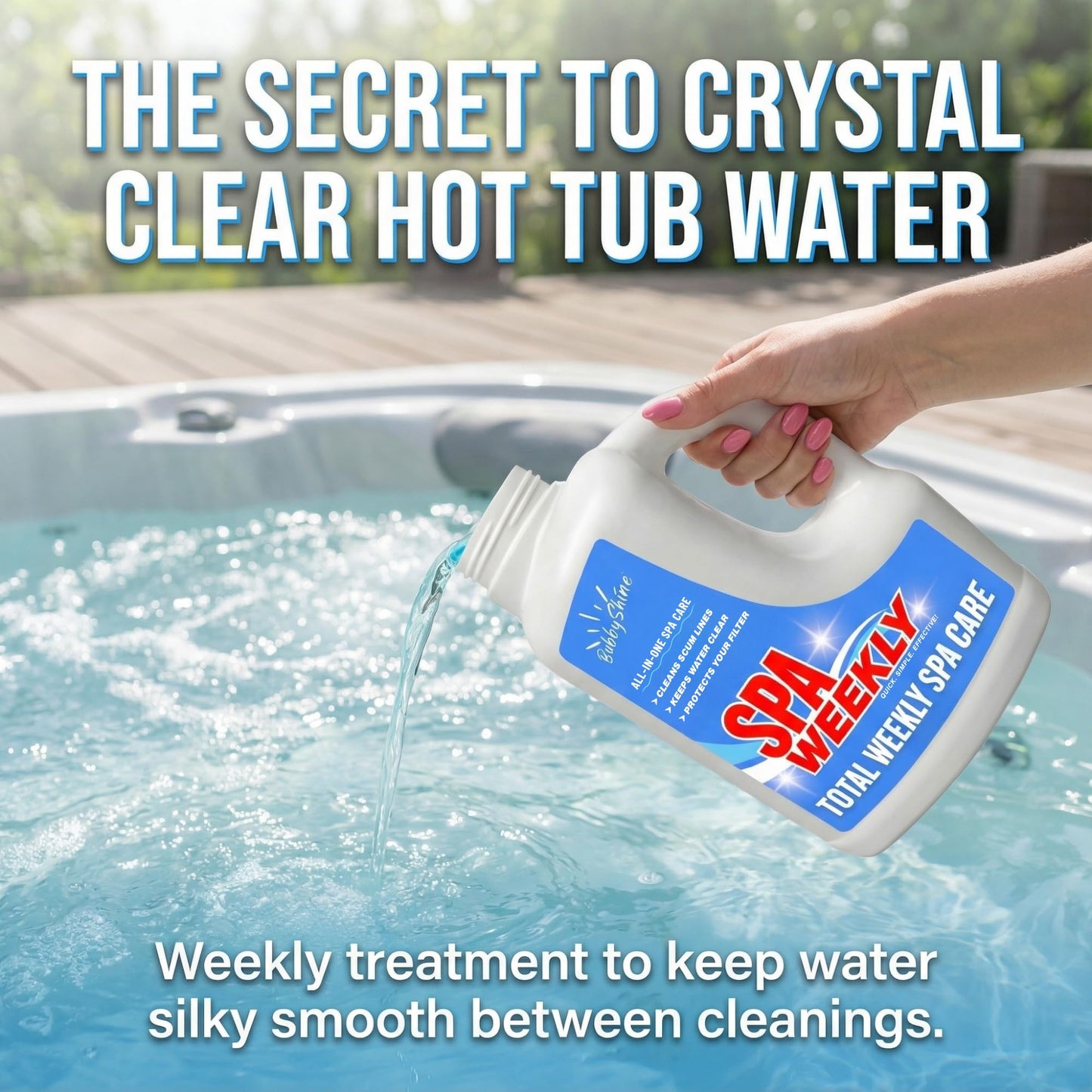 5-in-1 Hot Tub Chemicals – Spa Weekly Enzyme Cleaner & Clarifier, Scum Line Cleaner, Filter Protector + Water Conditioner, Clear Finish for Spas & Inflatable Tubs, 3 Liter (101.5 fl oz) – BubbyShine