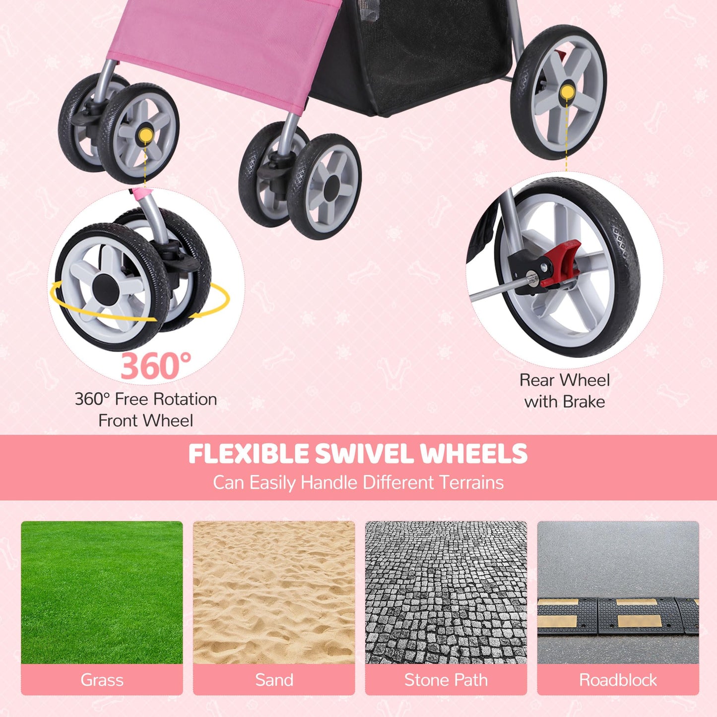 ZENY Foldable Pet Stroller, Cat/Dog Stroller with 4 Wheel, Pet Travel Carrier Strolling Cart with Storage Basket, Cup Holder (Pink)
