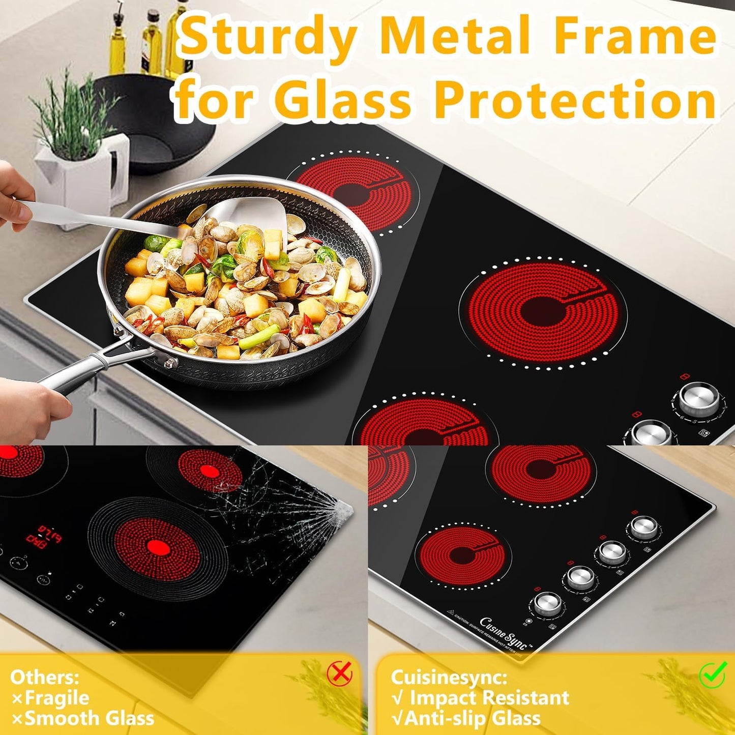 Cusinesync 30 Inch Built-In Electric Ceramic Glass Cooktop, 4 Burners, 7200W Total Power, Knob Control, Compatible with Flat-Bottom Cookware, 220-240V Hardwired