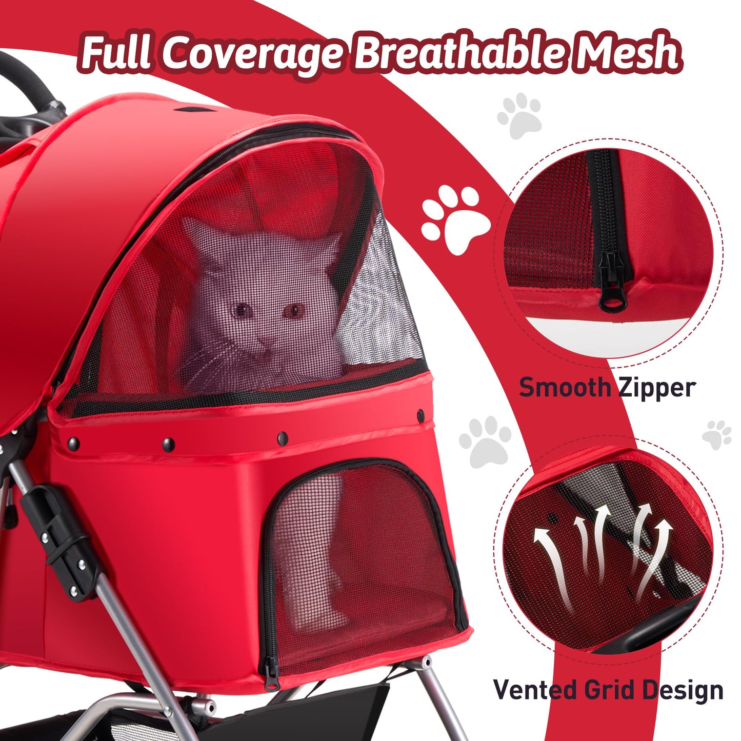 Azaeahom Pet Stroller, 4 Wheels Pet Strolling Cart for Medium/Small Dogs and Cats, Foldable Cat Jogger/Dog Stroller with Cup Holder, Storage Basket, Breathable Mesh, All-Season Pet Carrier, Red