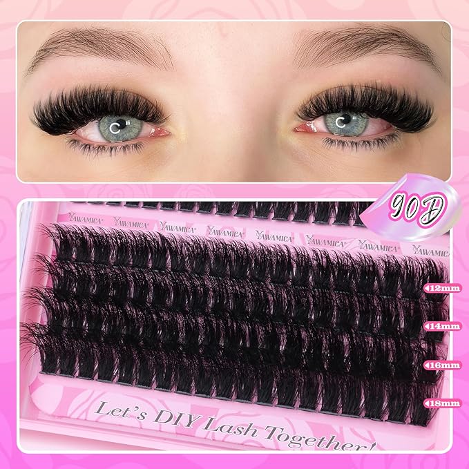 Yawamica Fluffier Eyelash Clusters Wispy Lash Extension 60D+80D+90D Thick Volume Individual Lashes D Curly 12-18mm Cluster Eyelash Extensions 240pcs DIY Lash by Self