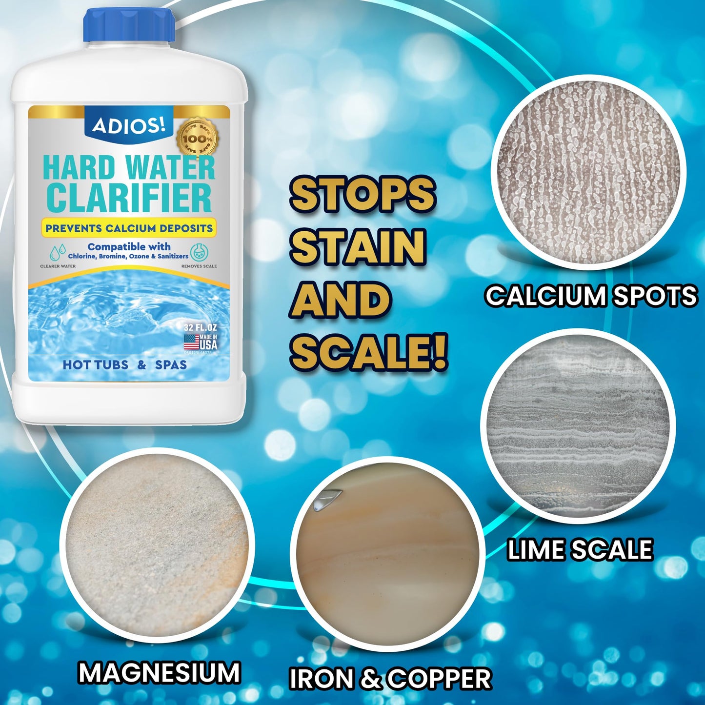 ADIOS! Hot Tub Hard Water Calcium Remover with Scale and Stain Clarifier, Soften Treat and Reduce Spa Deposits - 16oz (Pint)
