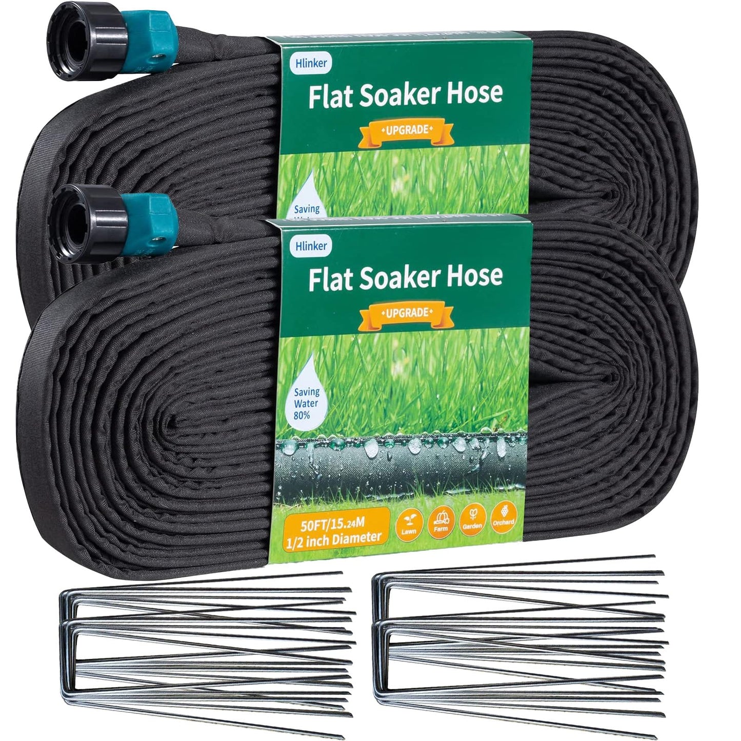 Hlinker 2026 Flat Soaker Hose 100 ft (50ft 2Packs) with Stake for Garden, Linkable Drip Hose Diy Automates Garden Irrigation System Saving 88% Water, Dual-layer Leak-free Design Water Hose with Holes
