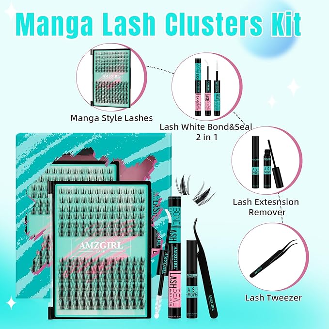 Manga Lash Clusters Kit 144PCS Fairy Eyelash Extension Kit with Lash Bond and Seal, Fake Eyelashes Clusters with Invisible Lashes Band, Lash Glue Remover and Lash Applicators (8-16mm Kit,White Bond)