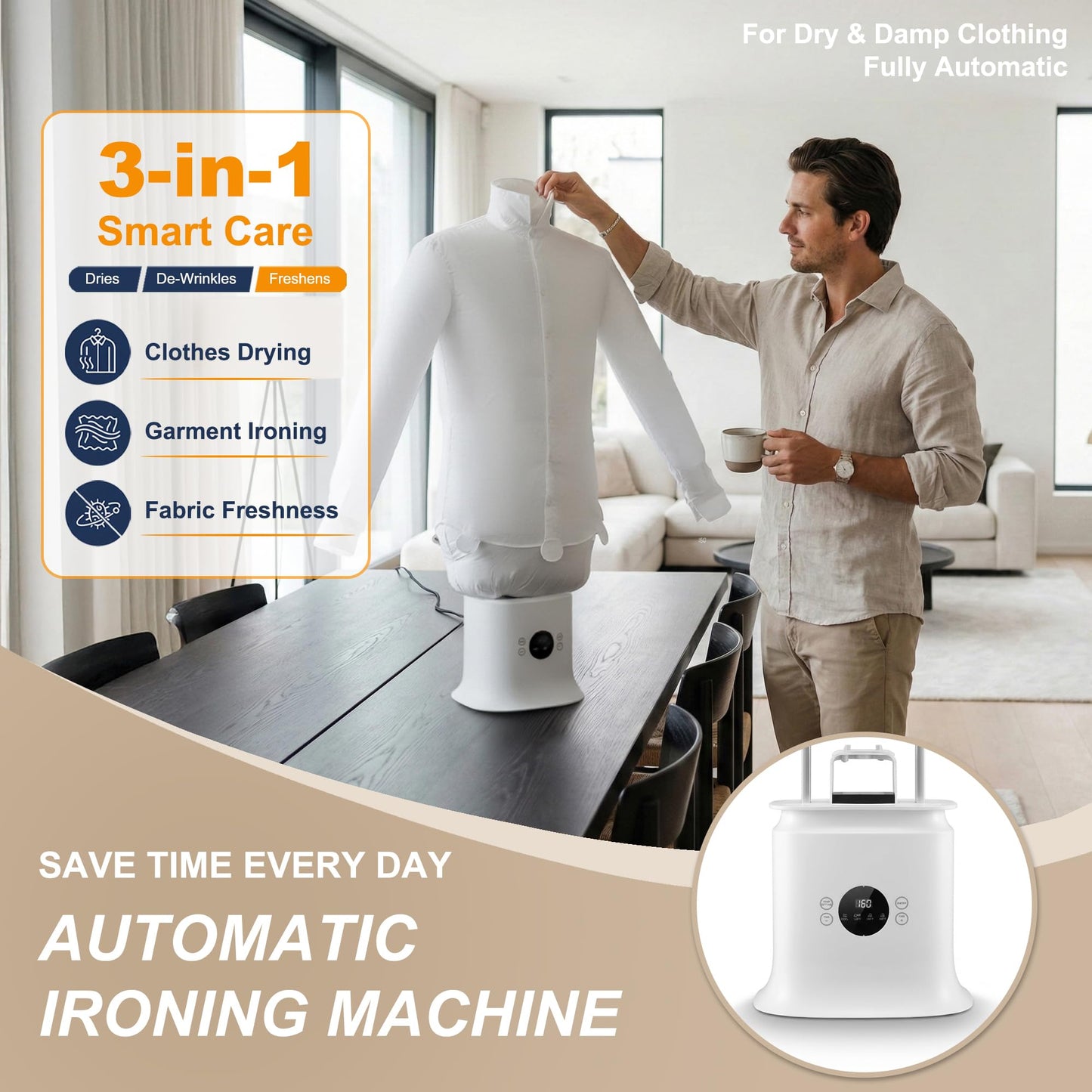 Automatic Ironing Machine 3.0, 3-in-1 Air & Steam Garment Dryer and Iron for Shirts, Pants, Dresses and More, Hands-Free Garment Care with Adjustable Time & Temperature, 1250W Fast Drying System