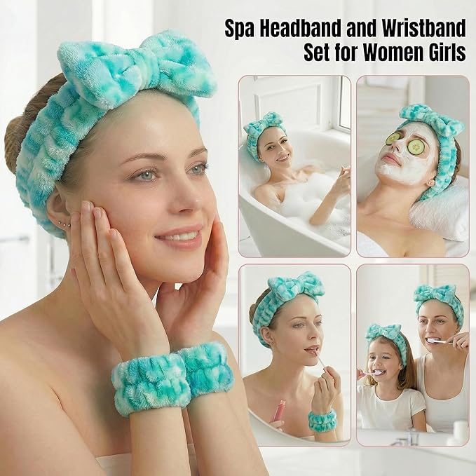 8 Pcs Spa Headband and Wristbands Set for Washing Face, Soft Face Wash Headbands Wrist Bands for Women with Scrunchies, Absorbent Wrist Towels, Makeup Hairband for Skincare, Yoga, and Teen Girls Gifts