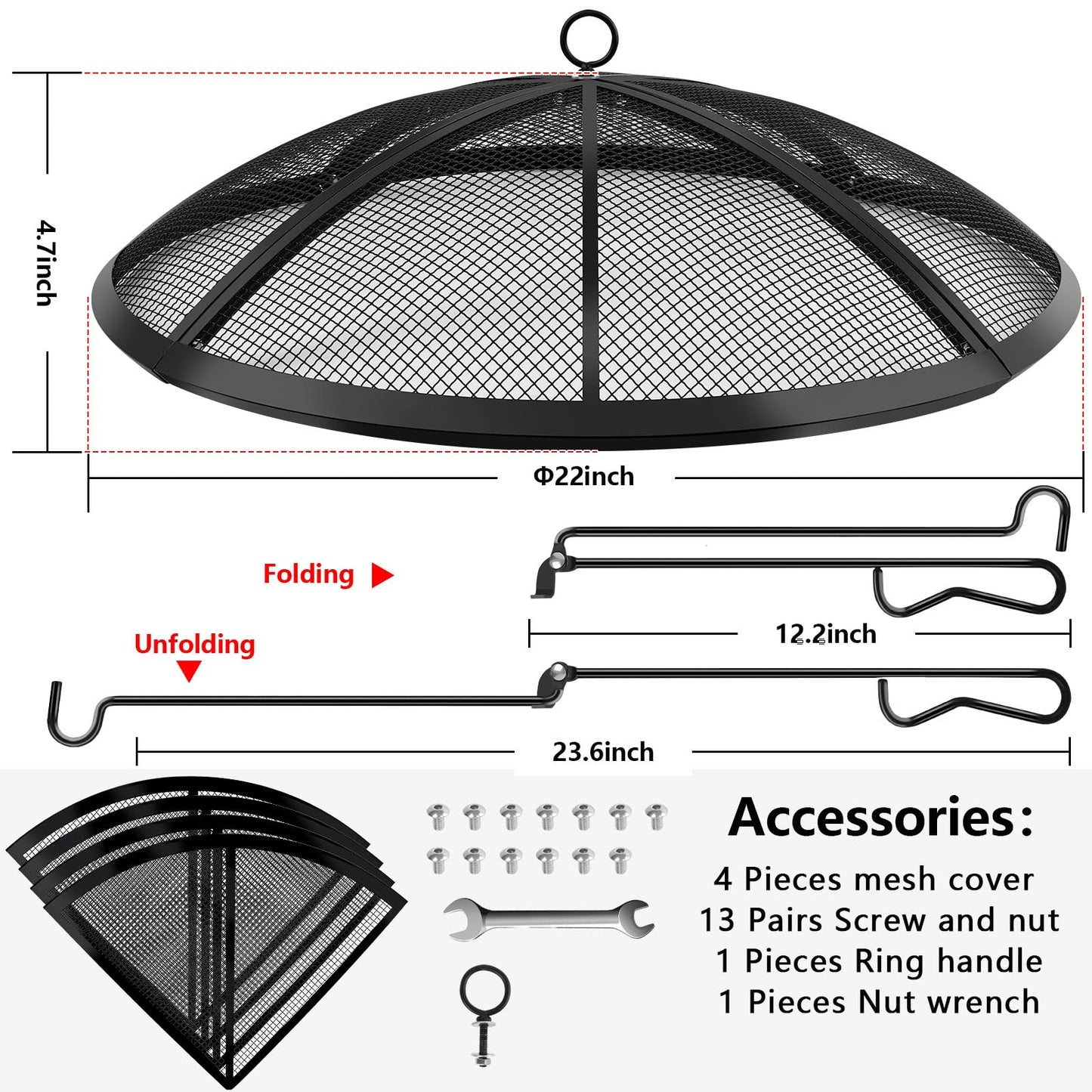 Fire Pit Spark Screen, Fire Pit Screen 22 Inch Round with Handle & Poker, Collapsible Heavy Duty Mesh Fire Pit Cover Fire Pit Lid for Outdoor/Patio/Backyard/RV Camping/Beach
