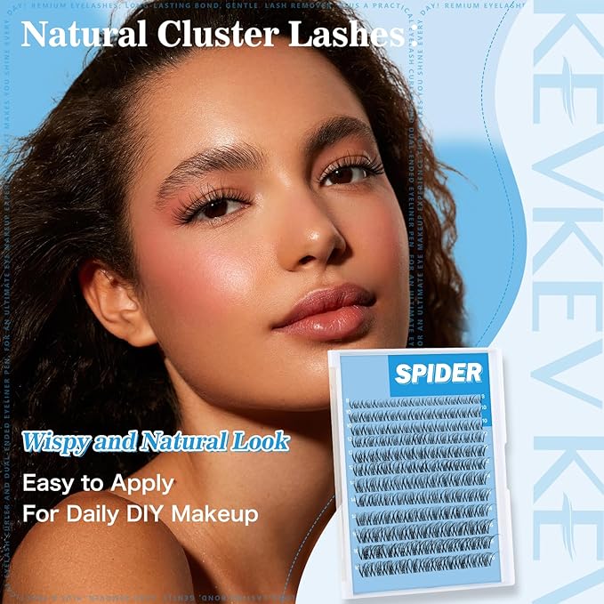 KevKev Spider Lash Clusters Breeze Wispy Eyelash Clusters 8-16MM Clear Thin Band Cluster Eyelash Extensions Mix Length Ultra-Light Natural Look Spider Lash Clusters DIY Lash at Home