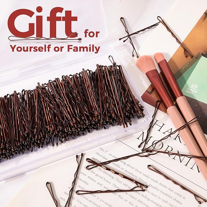 300 Pcs Bobby Pins Brown, EWAGOA Hair Pins for Women Girls and Kids, Invisible curled Hair clips with Storage box, Pain-Free Hairpins（2 Inch Brown）