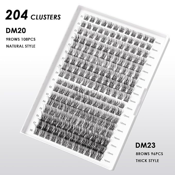 Lash Clusters 204 Pcs Individual Lashes Clusters Eyelash Extensions False Eyelashes DIY Lash Extension Kit Reusable False Eyelashes Natural Look Mix 10-16mm(DM20+DM23)
