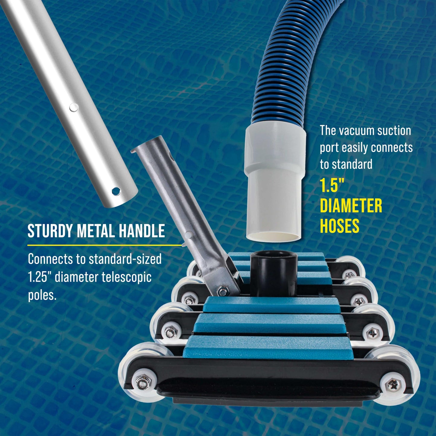U.S. Pool Supply Manual Pool Vacuum Head for Inground Pools, Flexible, Extra-Wide, Weighted - 6 Weights, Blue, Connect 1.5" Hose, Metal Pole Handle - Swimming Cleaning Accessory Attachment, Vac
