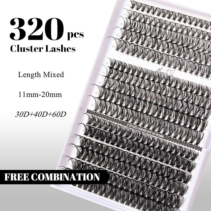 Lash Clusters 320pcs Individual Lashes 30D&40D&60D DIY Lash Extensions Lash Clusters False Eyelashes Natural Look 11-20mm Mix Cluster Eyelash Extensions EASY TO USE (30D+40D+60D-0.07D)