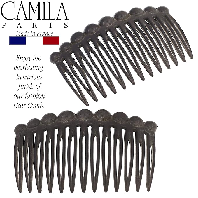Camila Paris CP3034 French Hair Side Comb, Small Rounded, Gray French Twist Hair Combs Decorative, Strong Hold Hair Clips for Women Bun Chignon Up-Do Styling Girls Hair Accessories, Made in France