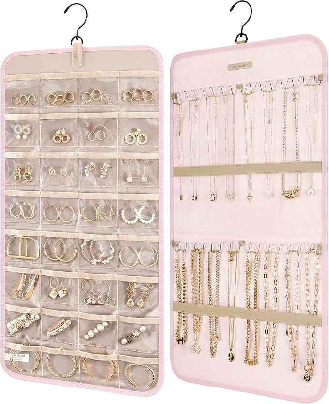 BAGSMART Hanging Jewelry Organizer Storage Roll with Hanger Metal Hooks Double-Sided Jewelry Holder for Earrings, Necklaces, Rings on Closet, Wall, Door, 1 piece, Medium, Pink