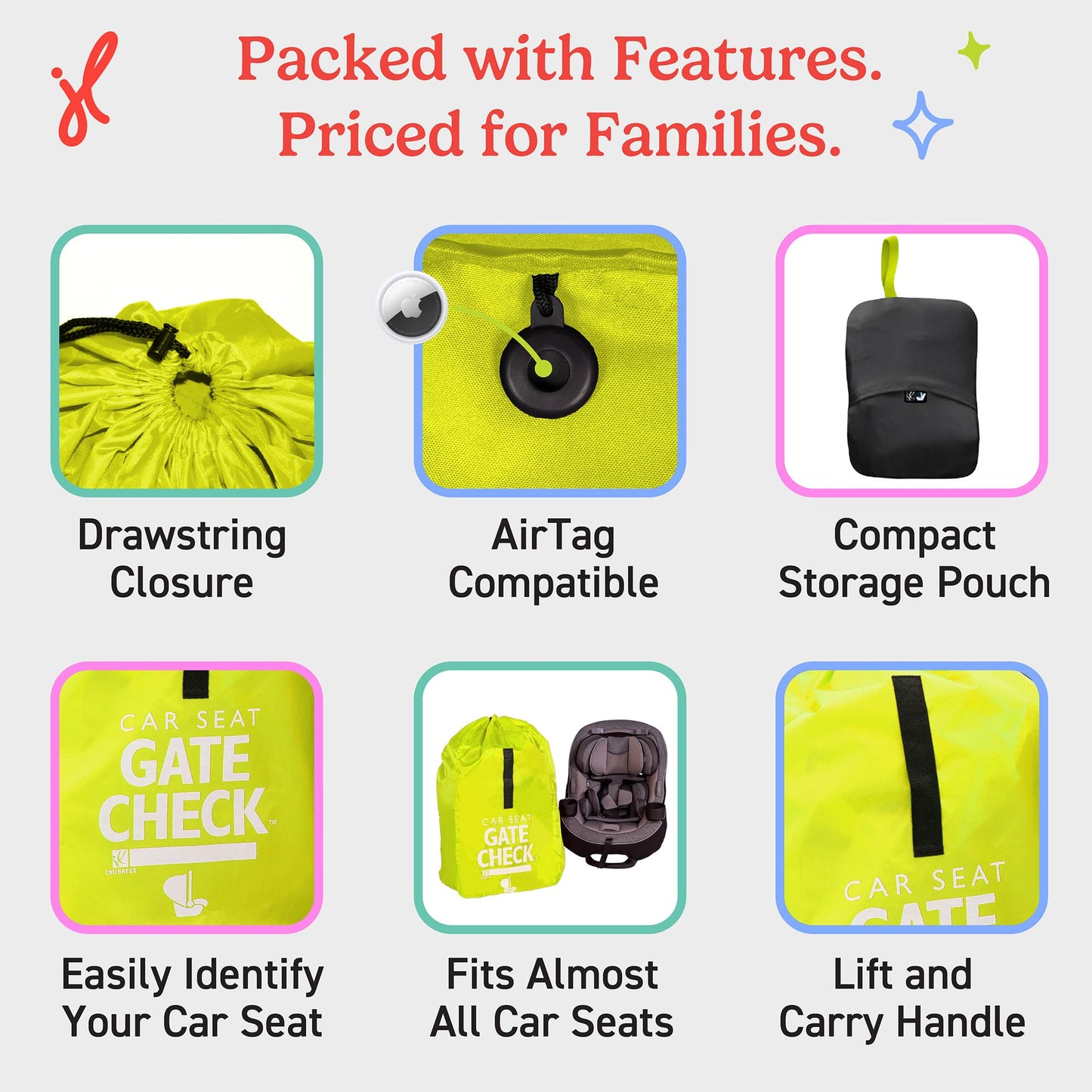 J.L. Childress Gate Check Travel Bag for Car Seats - Car Seat Travel Bag for Airplane, Includes AIRTAG Holder, Fits All Baby Car Infant Carriers & Child Booster Seats - Neon Yellow