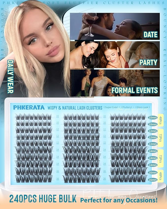 PHKERATA Eyelash Clusters Natural Lash Clusters Eyelash Extensions 240Pcs Wispy Cluster Lashes 10-16mm Lash Extension DIY Soft C Curly Individual Lashes with Thin Lash Band