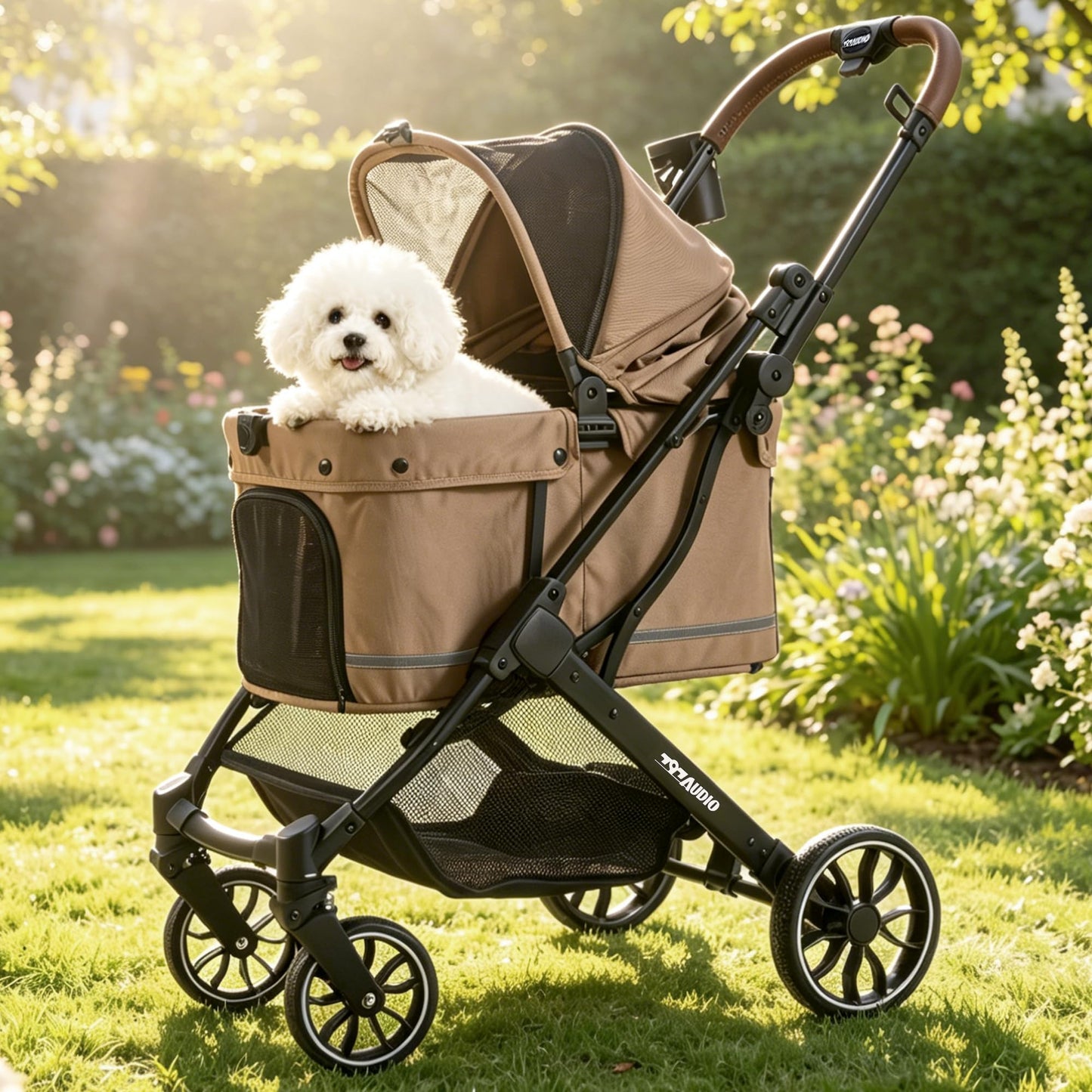 797Audio Dog Stroller for Small Medium Dogs,Pet Stroller for Cats Puppy Up to 121lbs,Foldable,One Click Folding,4 Wheel Shock Absorption,Adjustable Canopy with Sun Shades,Removable Washable Pad(Brown)