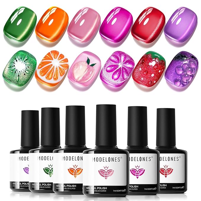 modelones Cat Eye Gel Nail Polish Set, 6 Colors Orange Neon Galaxy Hot Pink Grape Purple Red Green 9D Cat Eye Glitter Gel Polish with Magnet LGBT Fruit Theme Soak Off Led DIY Gift Unisex