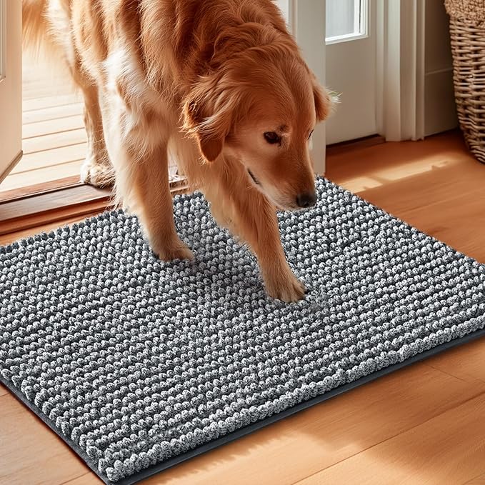 EHEYCIGA Super Absorbent Dog Door Mat for Muddy Paws 24x16 Inch Indoor, Front Doormat Outside Entrance, Quick Dry Chenille Washable Dog Crate Bed, Non-Slip Pet Rug Mud Mat Outdoor Entryway, Grey