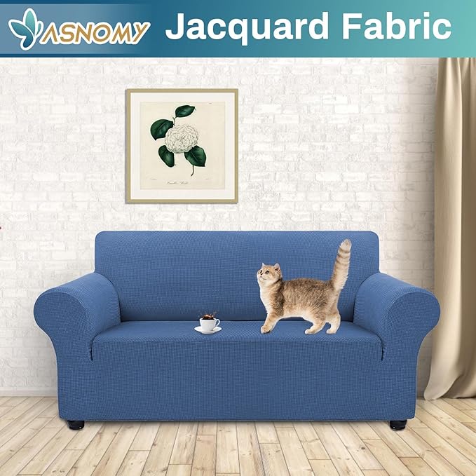 Asnomy Sofa Covers for 2 Cushion Couch Stretch loveseat Covers Slipcovers, Pet Protector Furniture Covers for Dogs Cats Spandex Jacquard Fabric Small Checks （Medium，River Blue）