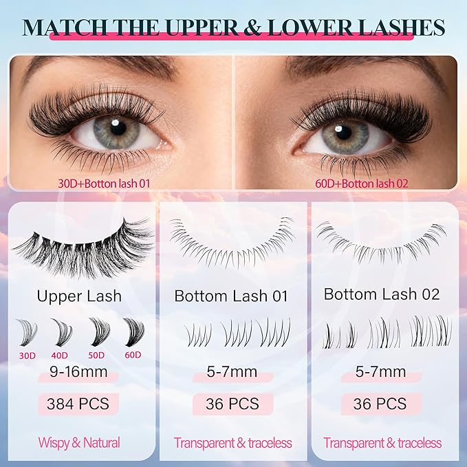 Lash Clusters 30D40D50D60D Lashes Natural Fluffy Eyelash Extensions D Curl With Bottom Eyelashes for Starter DIY at Home