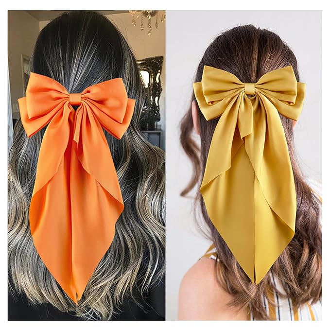 6Pcs Large Bows Hair Clips for Women Girls Long Tail Hair Ribbon Silky Satin Barrettes Coquette Bows Accessories (Black/Orange/Yellow/White)