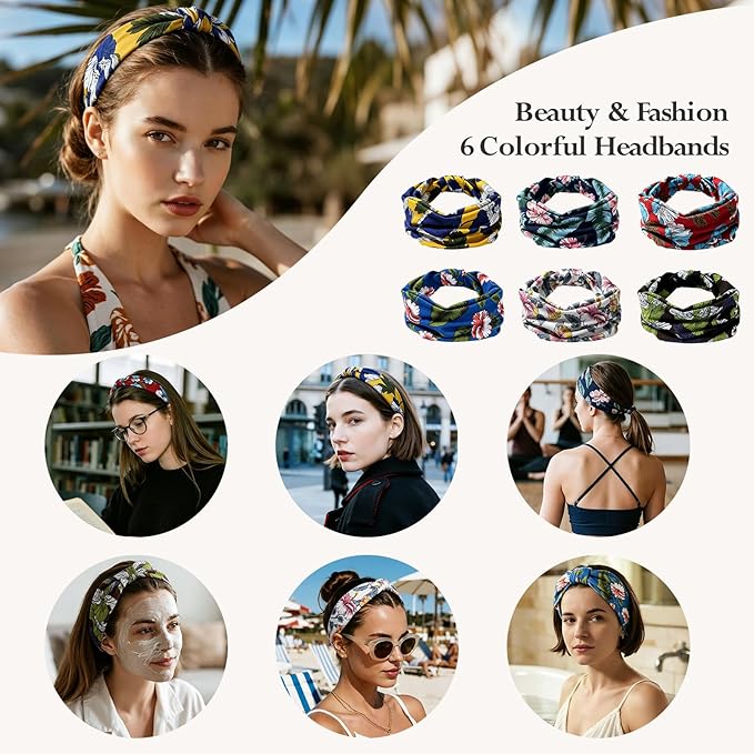 HSEM Headbands for Women 6-Pack – Boho Flower Wide Head Bands, Non-Slip Thick Hair Bands – Large Knotted Soft Stretchy Sweatbands for Workout, Washing Face, Makeup, Running, Spa & Yoga