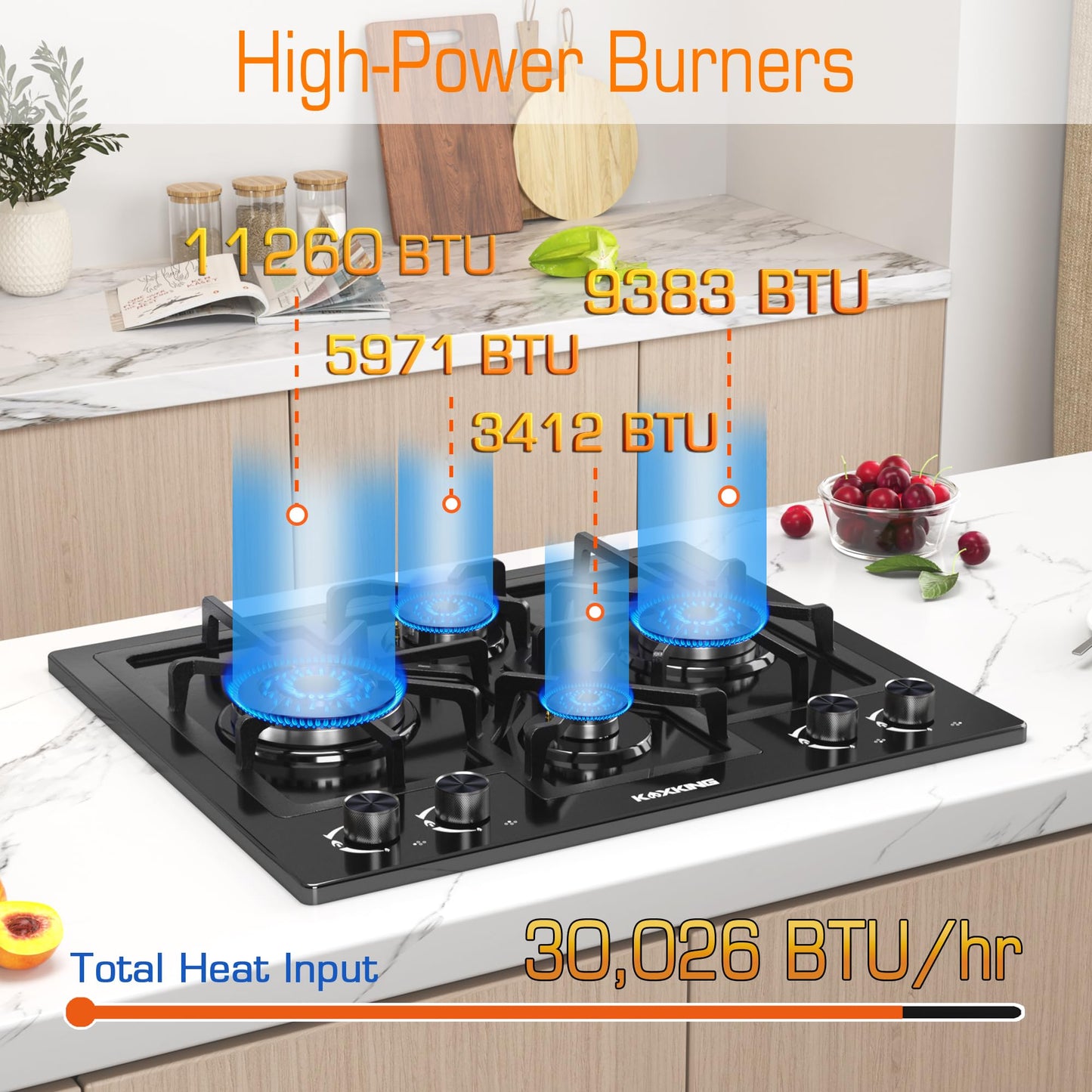 Black 24 Inch Gas Cooktop - Built-in Dual Fuel Natural Gas & Propane Stove - 4 Burner Convertible Cooktop with Thermocouple Protection