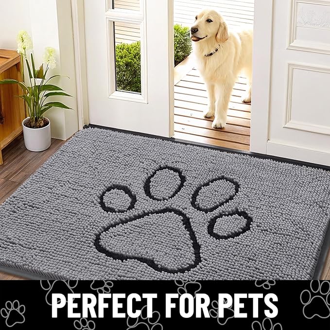Smiry Dog Door Mat for Muddy Paws, Absorbent Dirt Trapper Non Slip Quick Dry Washable Chenille Mat for Mud Dogs, Entry Rug for Indoor and Outdoor (59x20 Inches, Grey and Black)