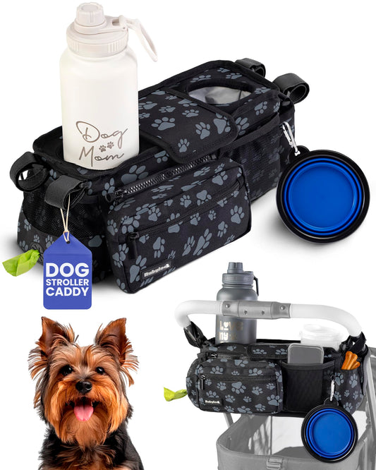 Dog Stroller Caddy Organizer with Poop Bag Dispenser, Treat Pocket, Water Bowl – Dog Stroller Accessories with Insulated Cup Holders, Pet Storage & Non-Slip Fit for 14"-19" Wide Handlebars - Paws