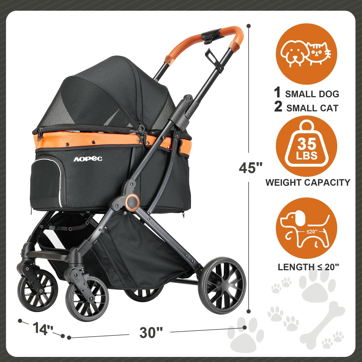 AOPEC Pet Stroller for Small Dogs & Cats – Easy One-Hand Fold, Supports Up to 35 lbs – Black