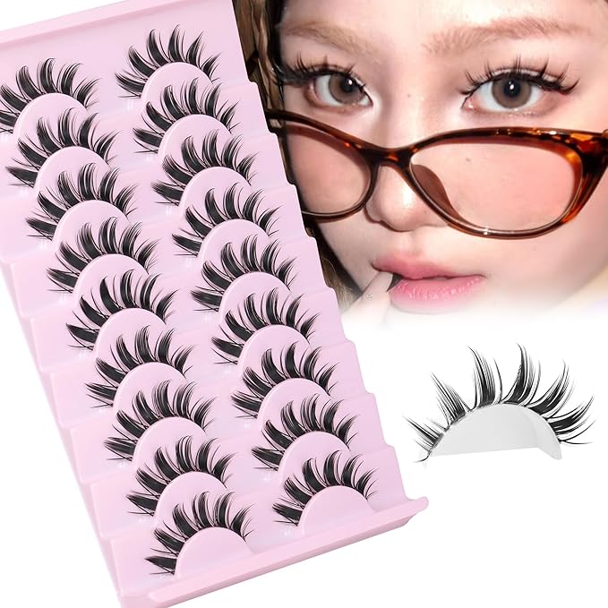 Manga Lashes Strip Eyelashes Natural Anime Fake Eyelashes Wispy Doll Eye Lashes 9 Pairs Spiky Cosplay Dark False Eyelashes with Clear Bands Manhua Lashes