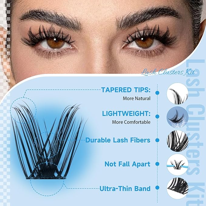 KEVKEV Lash Clusters Kit 144pcs Manga Lashes Clusters 8-18mm Lash Extension Kit Thin Band Eyelash Extension Kit Lash Clusters with Lash Bond and Seal Eyelash Clusters Kit DIY Lash At Home(Kit-K02)