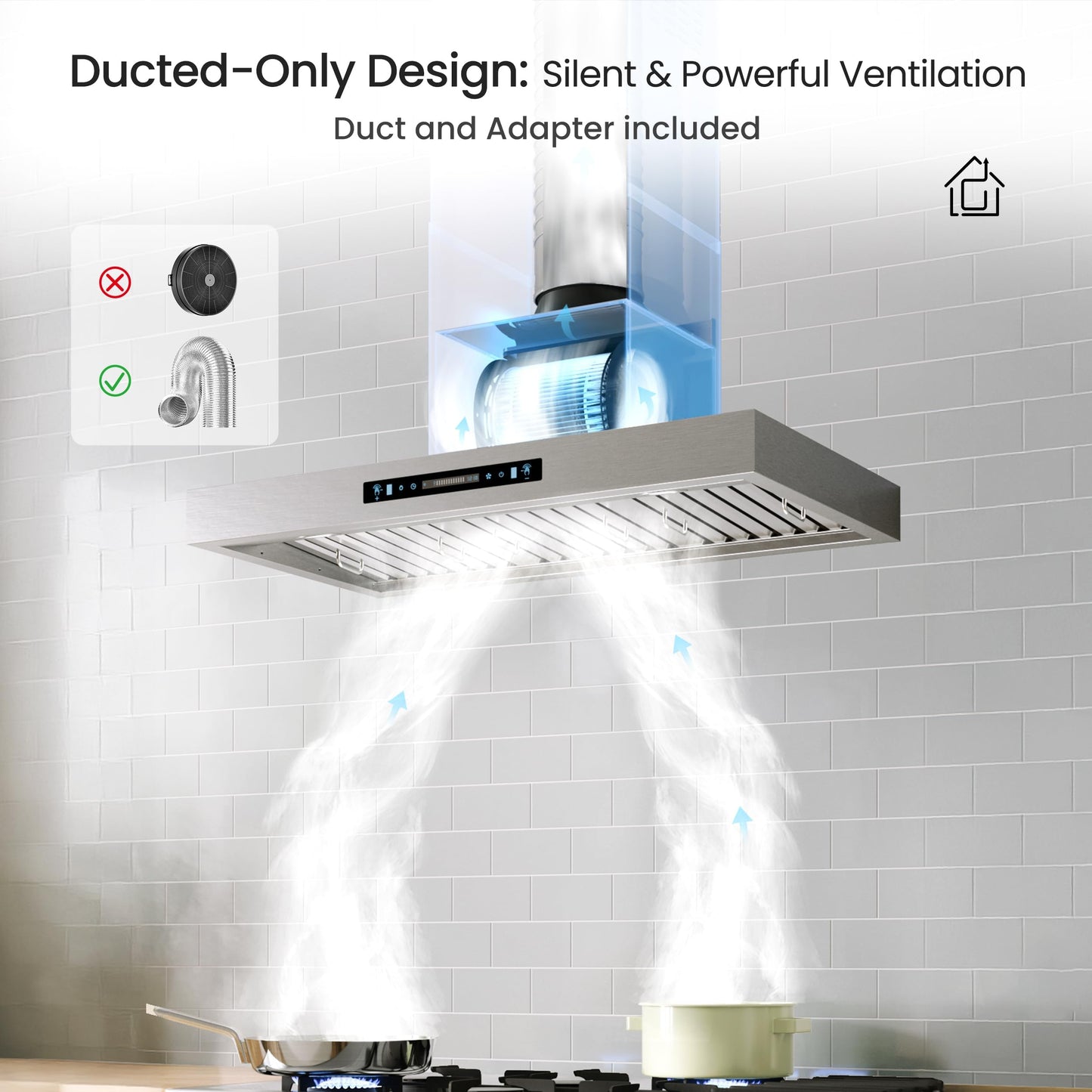 IKTCH 36 Inch Wall Mount Range Hood with 1200 CFM, 4-Speed Fan, Ducted Range Hood, Gesture Sensing & Touch Control, Durable Stainless Steel IKP01-36