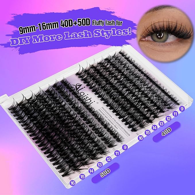 Lash Clusters Kit, DIY Cluster Eyelash Extensions 9‑16mm, 40D+50D, 280pcs, D Curl Natural Volume Lashes with Bond & Seal,Tweezers–Fake Cat Eye Wispy Individual Clusters