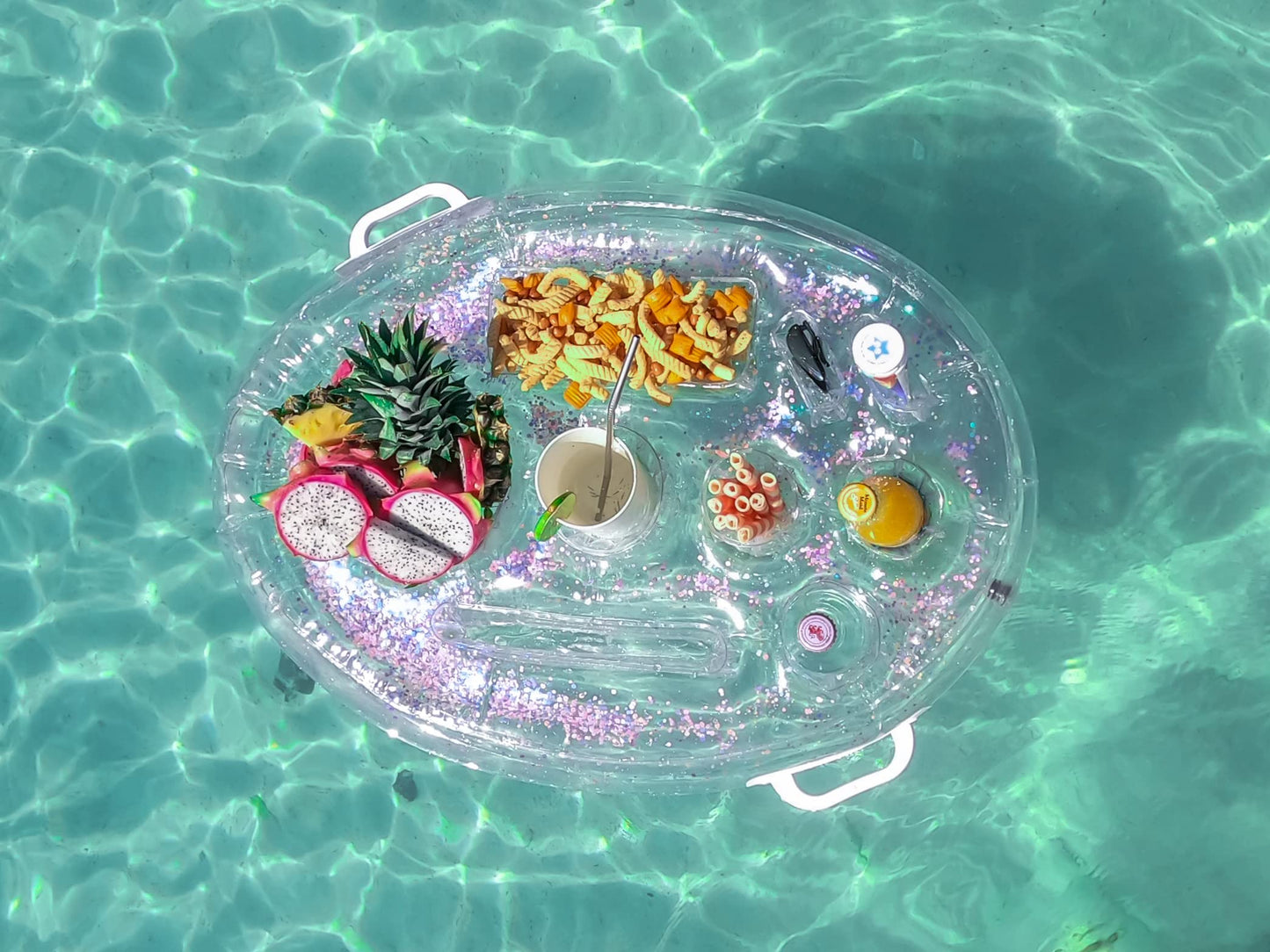 DIVEBLAST: Transparent Floating Drink Holder for Pool, Hot Tub Accessories for Adults - Holds Up to 50 LBS - Glitter Fun Swimming Pool Accessories for Adults, Cool and Unique Drink Floaties