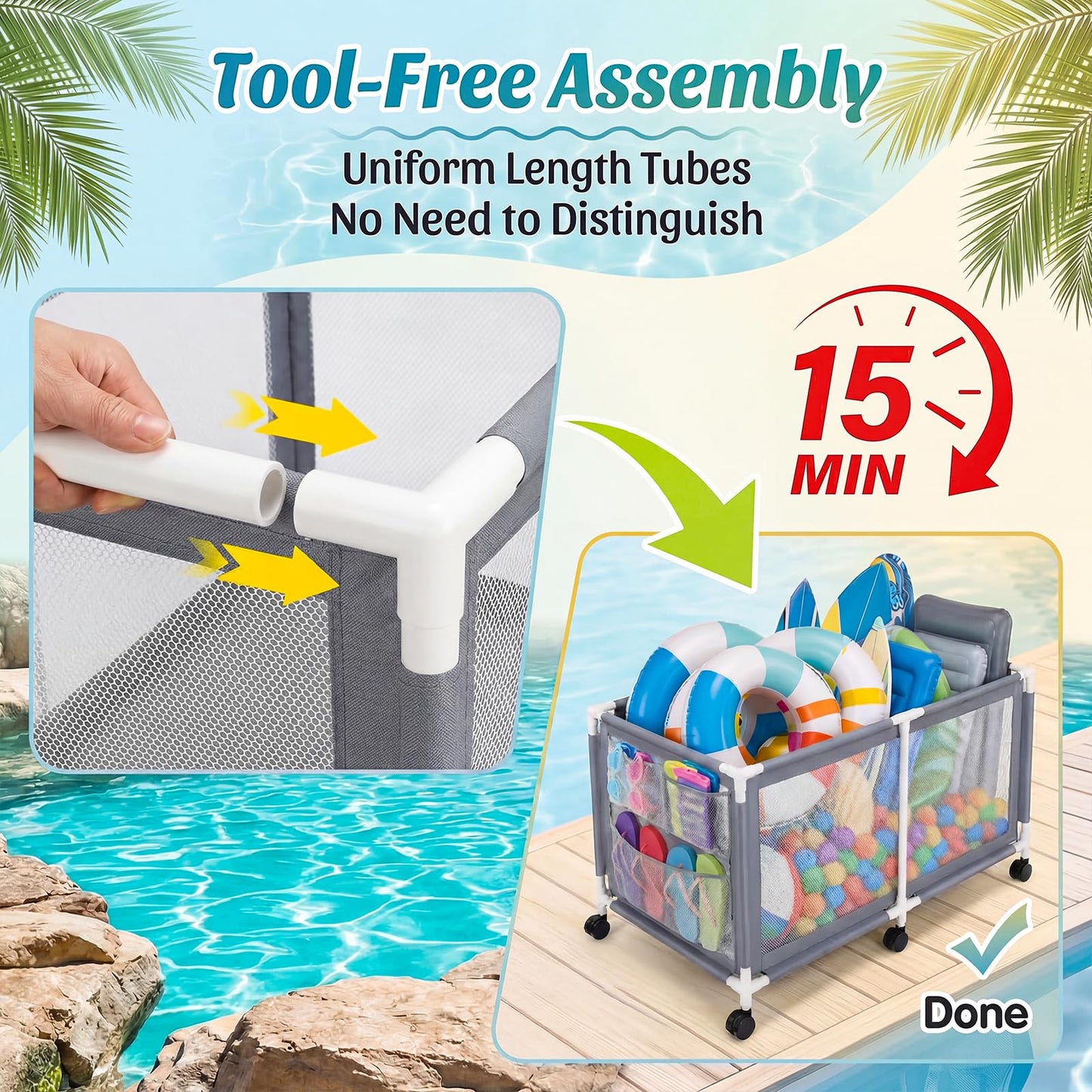 Extra Large Swimming Pool Storage Organizer Upgraded 280-Gallon Rolling Bin with Wheels Side Pockets Float Noodles Holder Mesh Cart for Pool Toys Swim Rings Surfboards Beach Gear Patio Yard Organizer